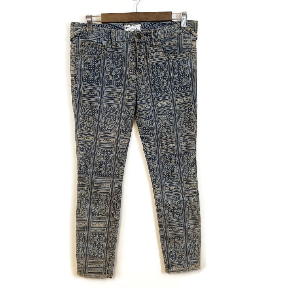 Free People Womens Blue White Geometric Skinny Denim Jeans Size 28 Boho Unique